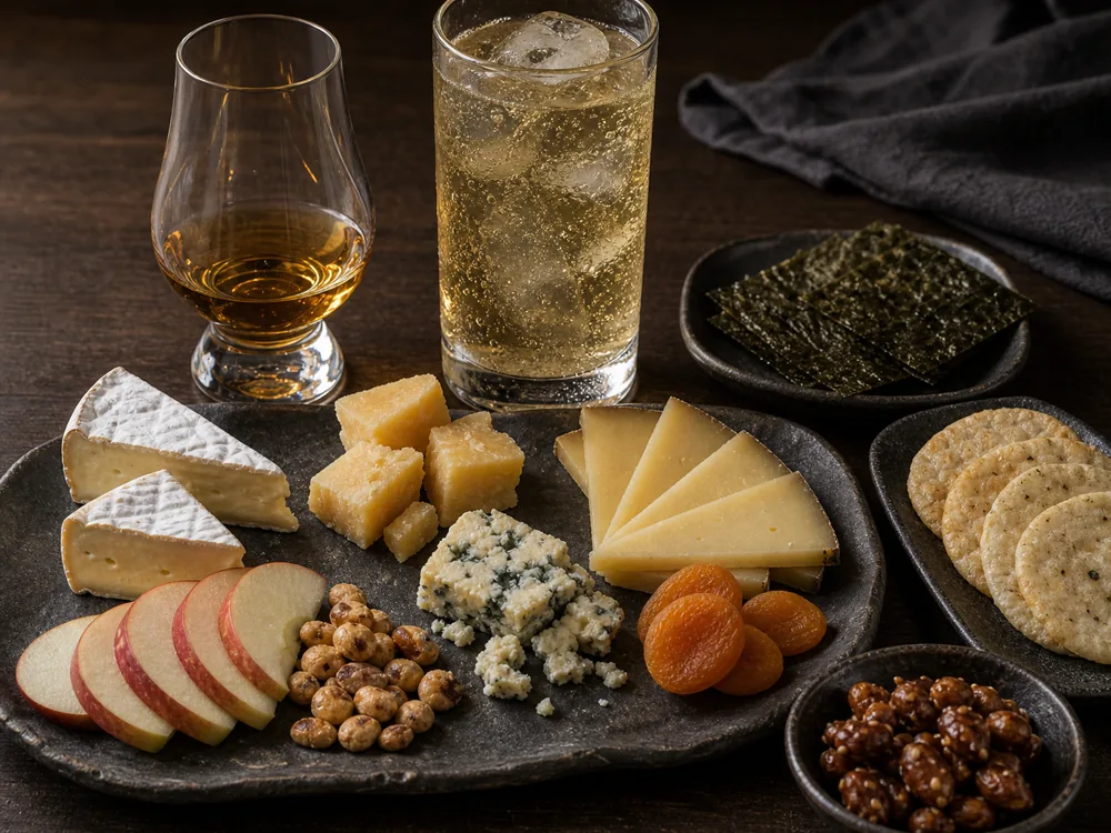 Japanese whisky pairing setup with neat whisky, highball, Brie, aged Gouda, alpine cheese, blue cheese, nori, rice crackers, apple, dried apricots, and roasted nuts | KnowTheCheese
