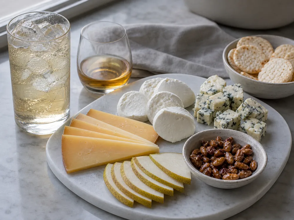 Japanese whisky highball and cheese board with highball, neat whisky, aged cheese, fresh mozzarella, blue cheese, glazed nuts, pear slices, and rice crackers.