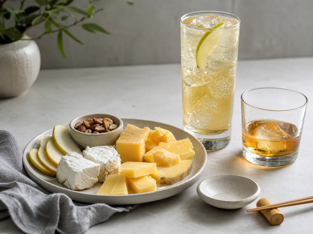 Japanese-style whisky highball and neat pour with gouda, cheddar, goat cheese, and pear - Japanese whisky cheese pairing | KnowTheCheese