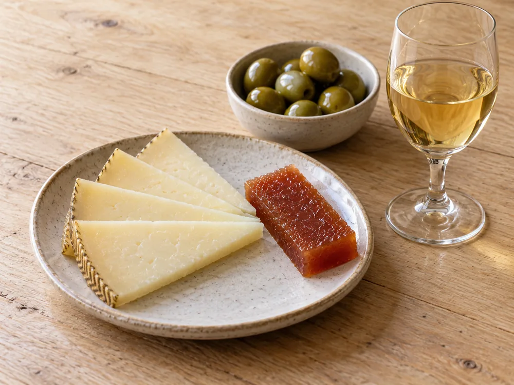 Manchego slices with a thick slice of quince paste, green olives and a glass of pale Sherry - Manchego Pairing | KnowTheCheese