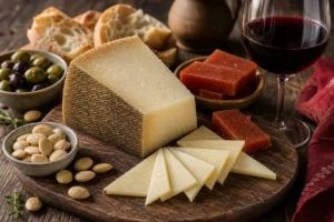 Manchego board with quince paste, almonds, olives, bread, and red wine.