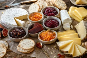 Cheese board with fig jam pepper jelly apricot preserves raspberry jam marmalade quince paste Brie cheddar Gouda Manchego blue cheese goat cheese and crackers - Pairing jams and jellies with cheese | KnowTheCheese