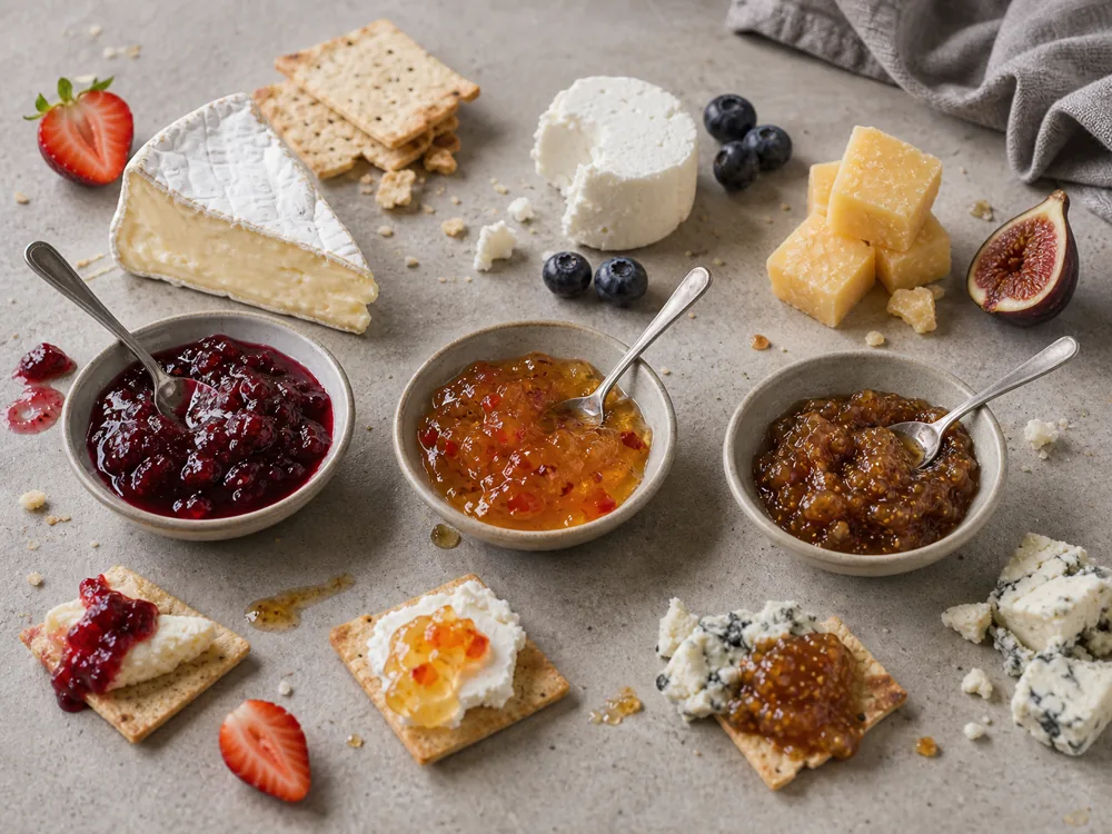 Berry jam, pepper jelly, and fig preserve paired with Brie, goat cheese, cheddar, blue cheese, and crackers | KnowTheCheese