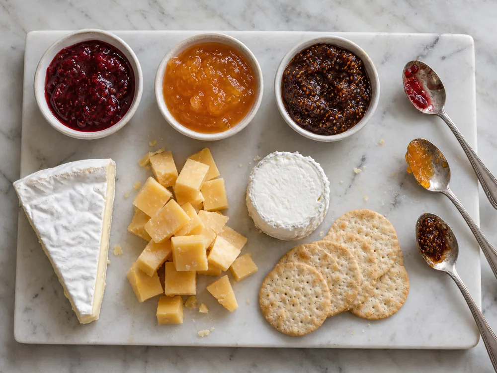 Jam and cheese board with berry jam, apricot preserve, fig paste, soft-rind cheese, cheddar cubes, goat cheese, and crackers.