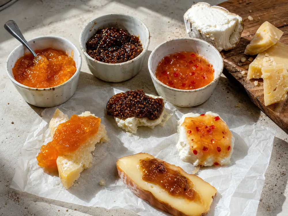 Apricot jam, fig preserves, and pepper jelly with cheese samples - jam and cheese pairing | KnowTheCheese