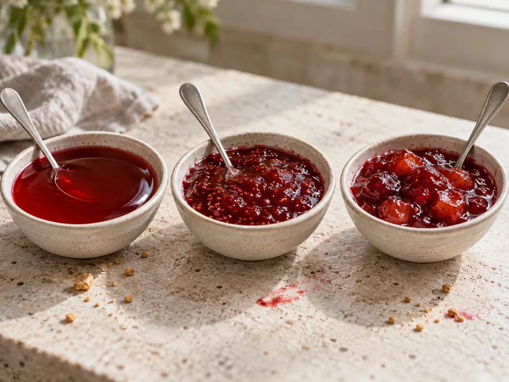 Three bowls of red fruit spread, smooth jelly, crushed-fruit jam and chunky preserves, side by side - jam, jelly and preserves | KnowTheCheese