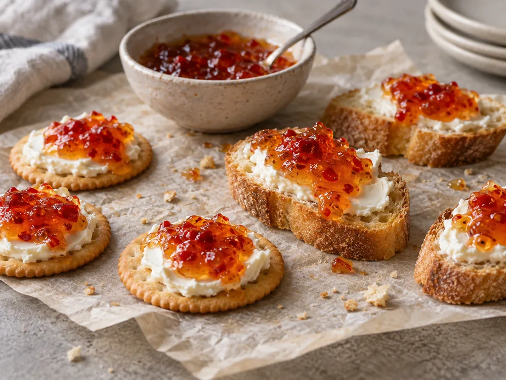 Crackers and toasted baguette slices spread with cream cheese and topped with pepper jelly - cream cheese and pepper jelly | KnowTheCheese