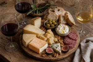 Tuscan wine and Italian cheese board with Pecorino Toscano, aged pecorino, Parmigiano Reggiano, Taleggio, Gorgonzola, ricotta, olives, walnuts, bread, figs, salami, and wine glasses - Tuscan wine and Italian cheese pairing | KnowTheCheese