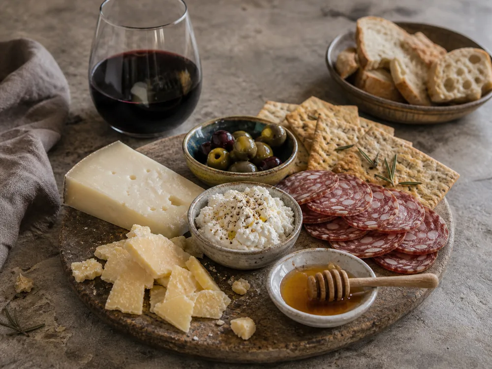 Tuscan wine and Italian cheese board with red wine, pecorino-style cheese, aged hard cheese, ricotta, salami, olives, rosemary crackers, and honey
