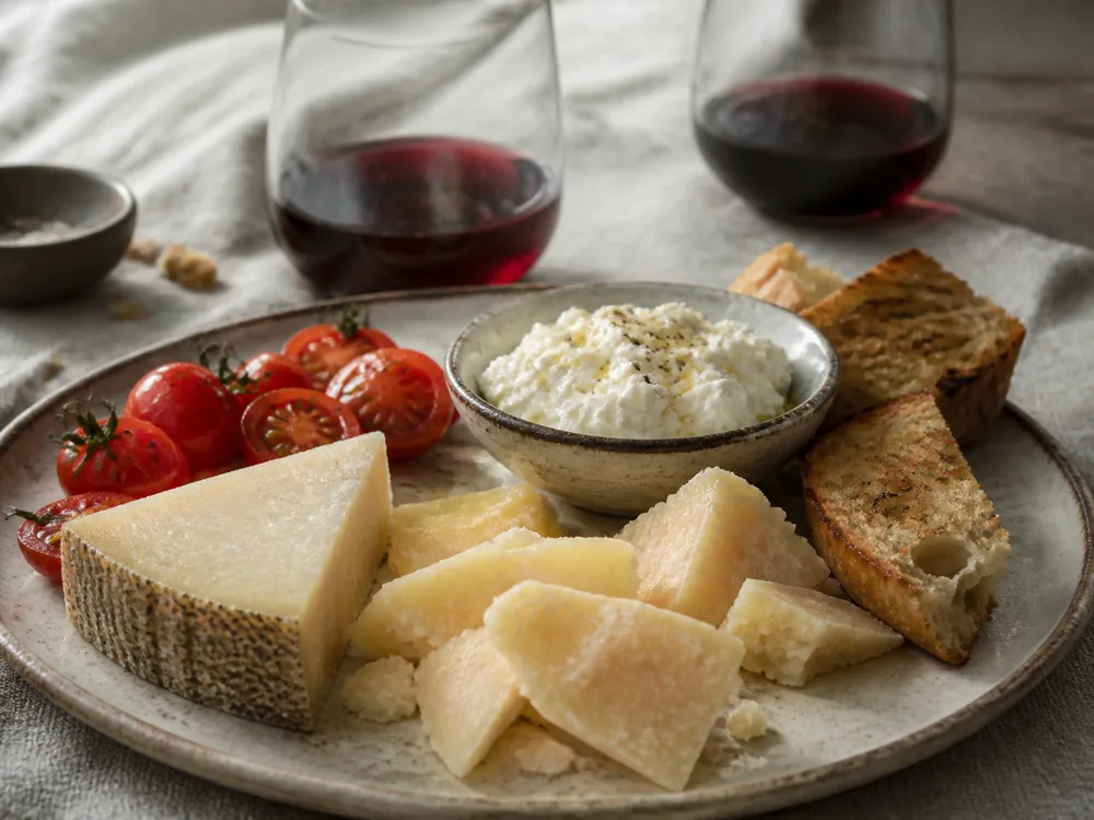Tuscan-style red wine with pecorino, aged hard cheese, and ricotta bites - Tuscan wine Italian cheese pairing | KnowTheCheese