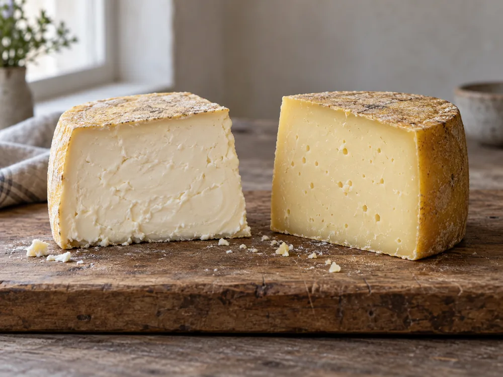 Two cut wedges of sheep's-milk cheese side by side, one with a soft whitish paste and one with a firmer straw-coloured paste with small eyes - Pecorino Toscano | KnowTheCheese
