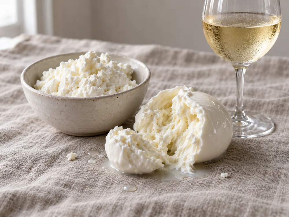 Bowl of fresh ricotta and a torn ball of fresh white mozzarella beside a glass of chilled white wine - fresh cheese with white wine | KnowTheCheese