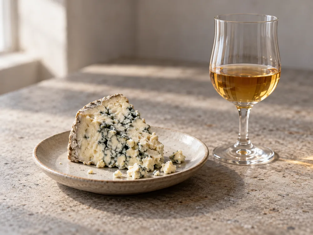 Wedge of blue-veined cheese on a small plate beside a small glass of sweet wine - blue cheese with sweet wine | KnowTheCheese