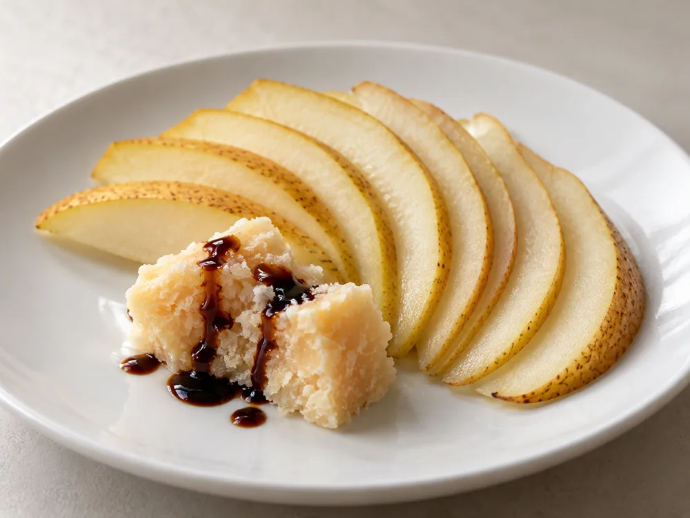 Fanned pear slices with a knob of Parmigiano Reggiano moistened with balsamic vinegar - Parmesan pairing | KnowTheCheese