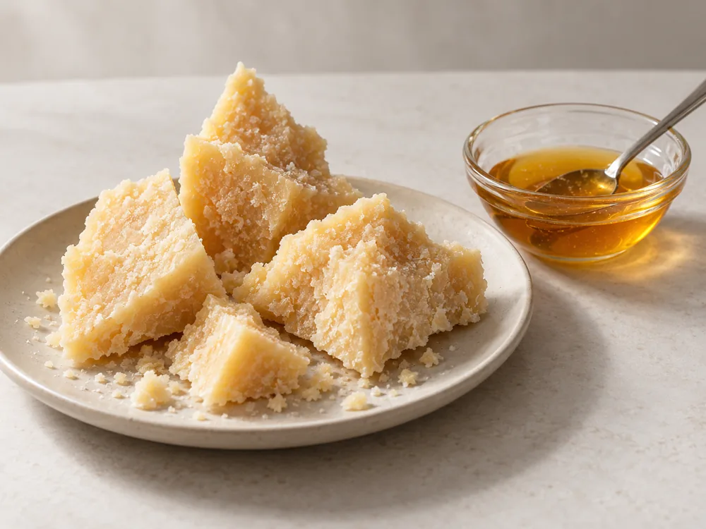 Broken chunks of Parmigiano Reggiano on a plate beside a small bowl of honey - Parmesan pairing | KnowTheCheese
