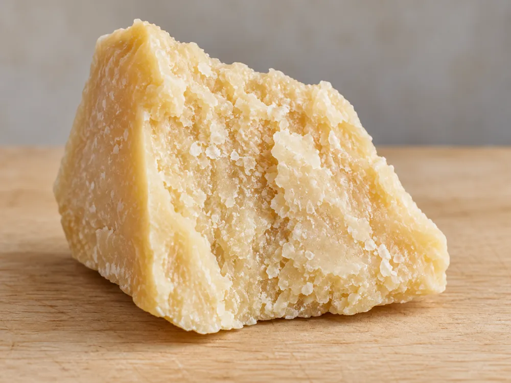 Broken piece of hard, granular Parmigiano Reggiano with small white crystal specks in the pale paste - Parmesan pairing | KnowTheCheese
