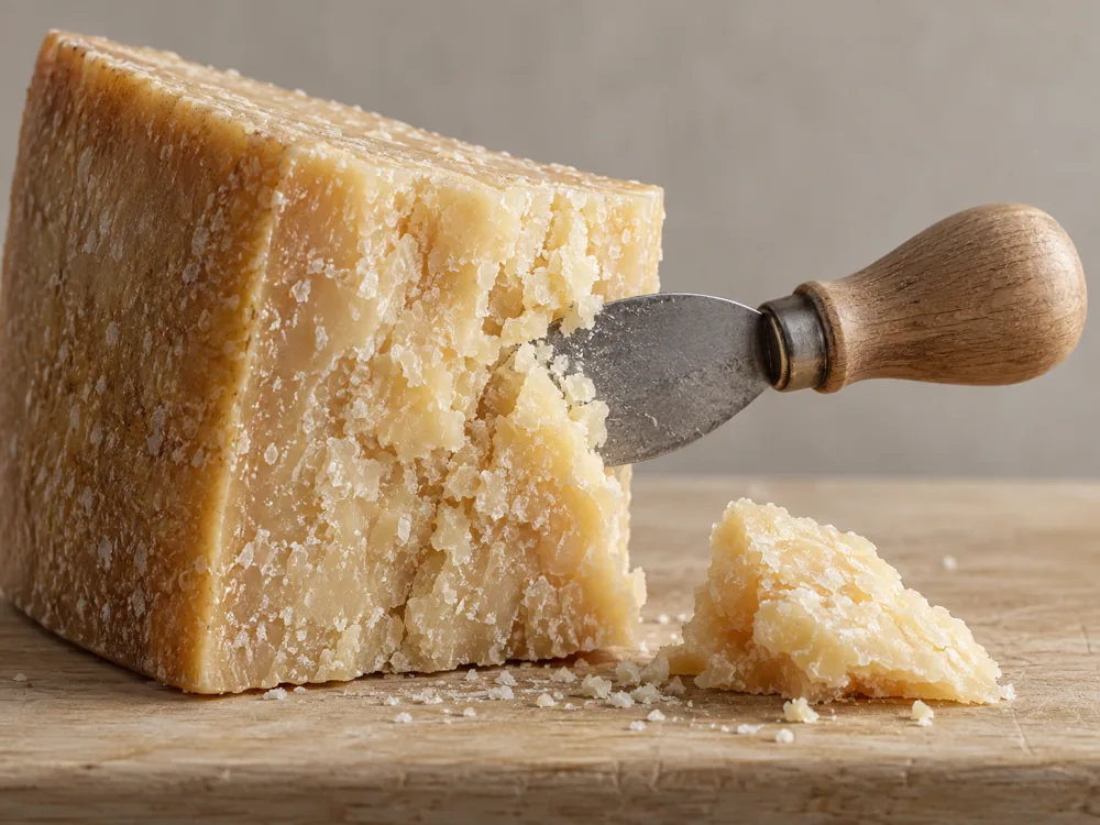 Short knife with a leaf-shaped blade levering a piece from a rind-edged wedge of Parmigiano Reggiano - Parmesan pairing | KnowTheCheese