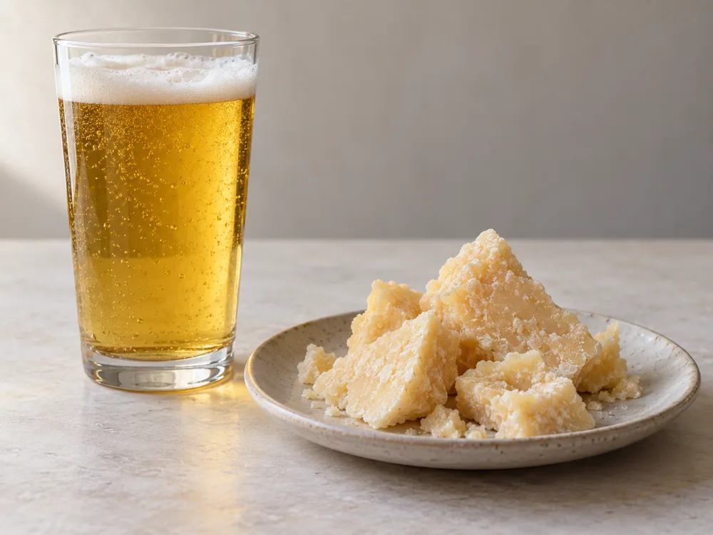 Tall glass of pale golden beer beside a plate of broken Parmigiano Reggiano chunks - Parmesan pairing | KnowTheCheese