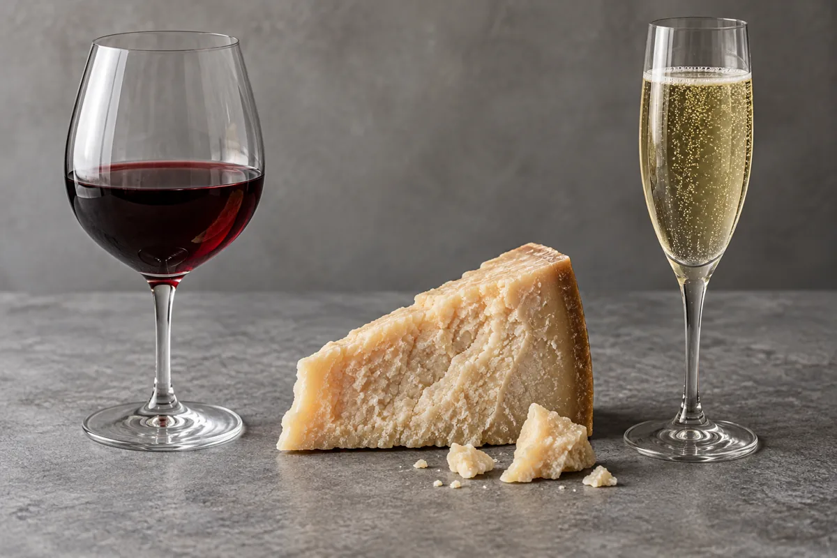 Wedge of hard Parmesan between a glass of red wine and a flute of sparkling white wine - Parmesan wine pairing | KnowTheCheese