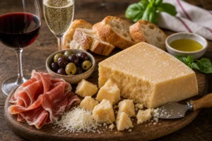 Parmesan board with chunks, grated cheese, bread, olives, cured meat, and wine glasses.