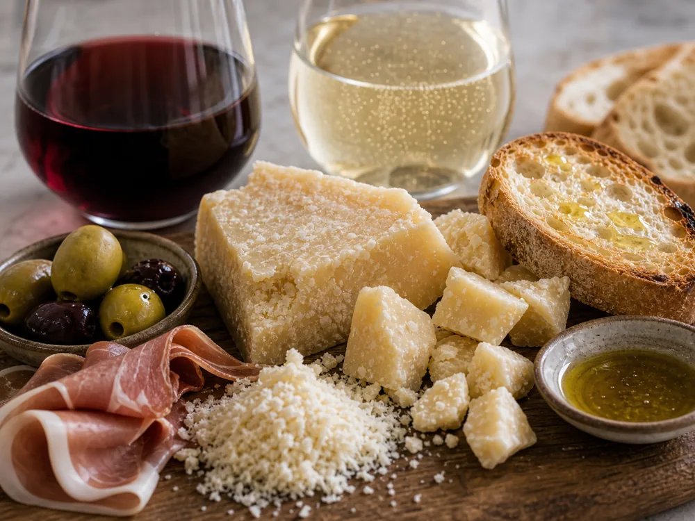 Parmesan wine pairing board with Lambrusco, Chianti Classico, Nebbiolo, Parmesan shards, grated cheese, walnuts, and pear - Parmesan wine pairing | KnowTheCheese