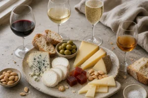 Spanish cheese and wine pairing board with firm sheep cheese, goat cheese, blue cheese, quince paste, almonds, olives, and wine glasses - Spanish cheese and wine pairing | KnowTheCheese