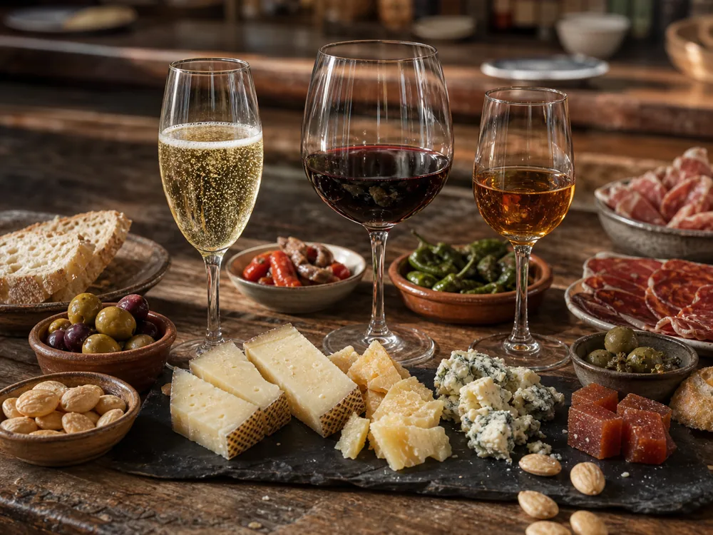 Spanish wine and cheese pairing counter with Cava, red wine, Sherry, Manchego-style cheese, blue cheese, quince paste, almonds, olives, and tapas | KnowTheCheese
