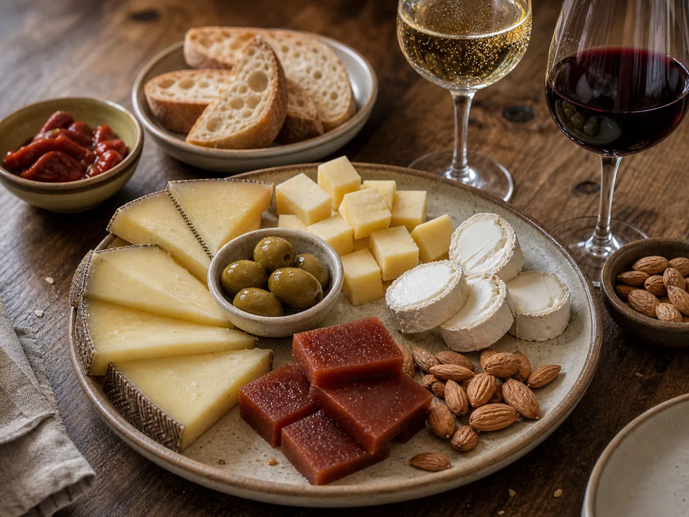 Spanish cheese and wine board with sheep cheese, firm cheese cubes, goat cheese, quince paste, olives, almonds, bread, sparkling wine, and red wine.
