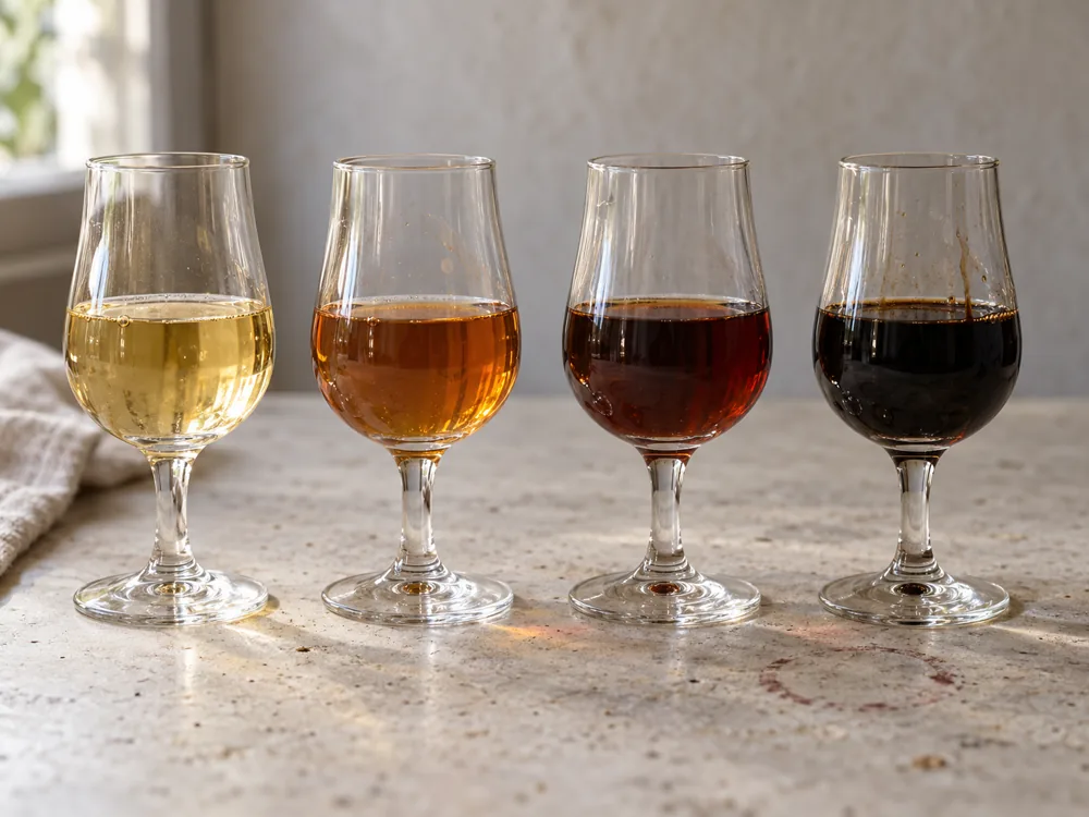 Four glasses of Sherry darkening from pale straw to near black - Sherry | KnowTheCheese