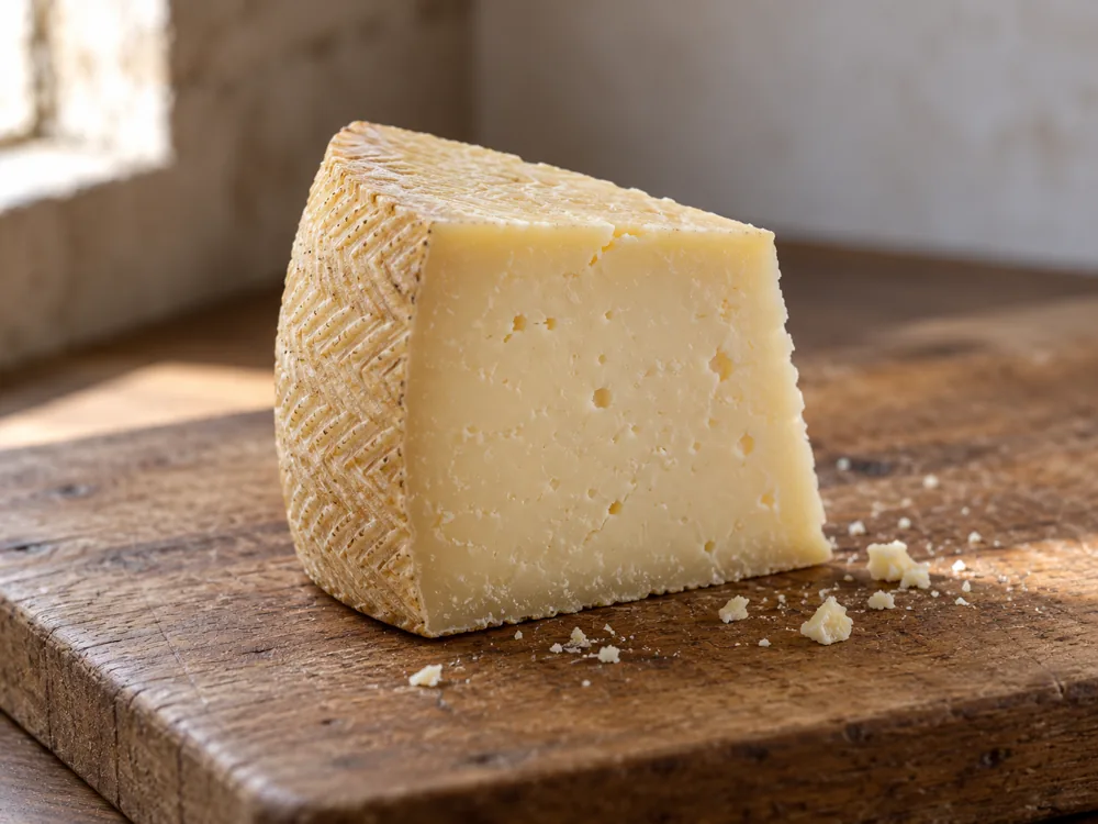 Wedge of firm ivory cheese with a few small eyes and a woven-pattern rind - Manchego | KnowTheCheese