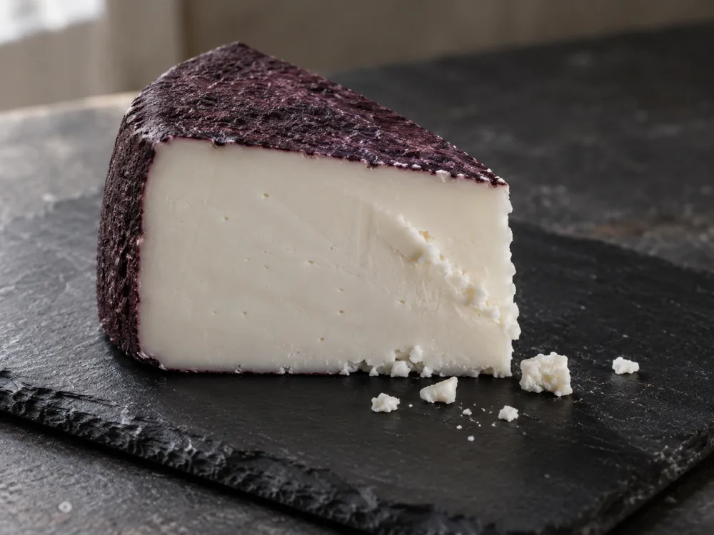 Wedge of white-pasted goat cheese with a deep purple-burgundy rind - Murcia al Vino | KnowTheCheese