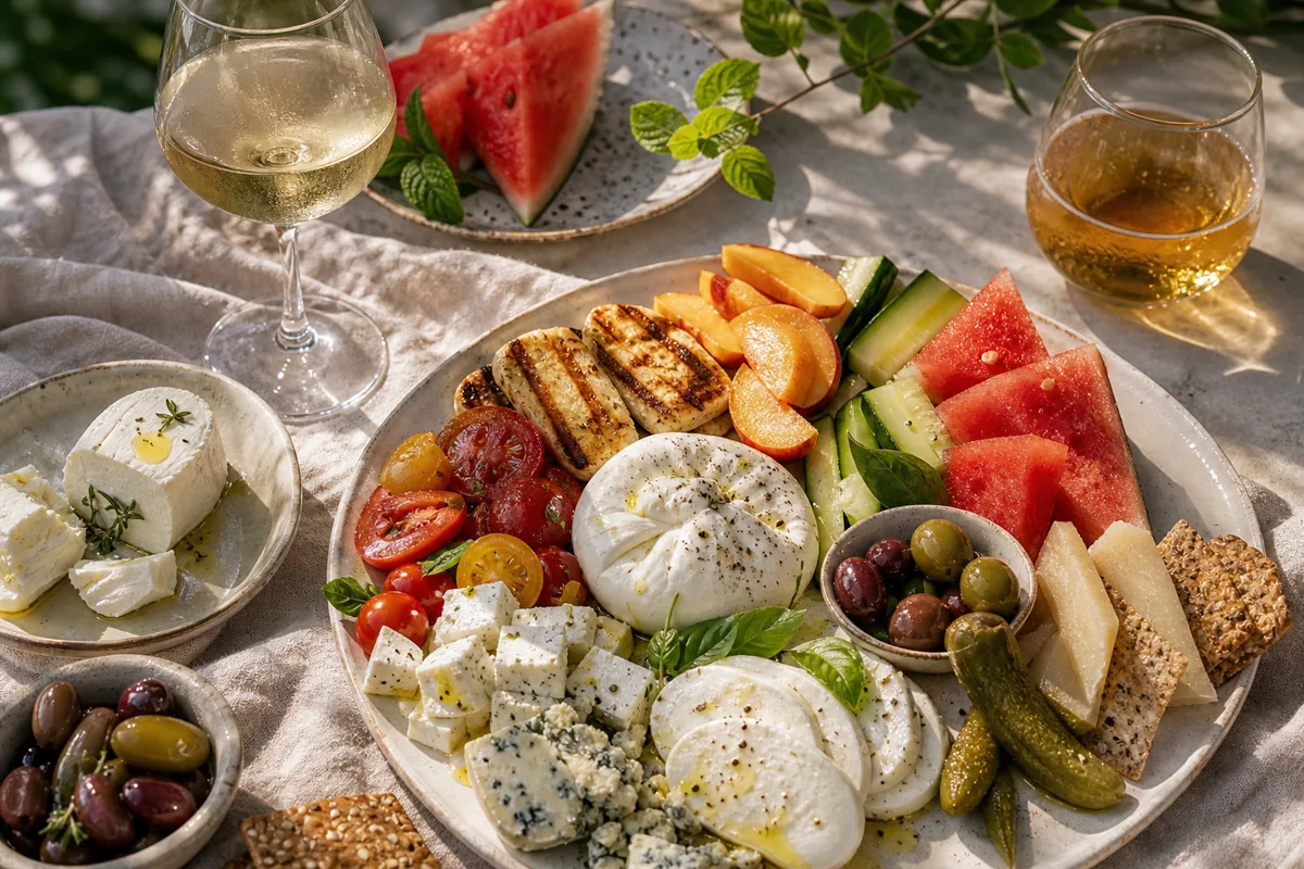 Summer cheese pairing board with feta, burrata, mozzarella, Halloumi, watermelon, tomatoes, peaches, and herbs | KnowTheCheese