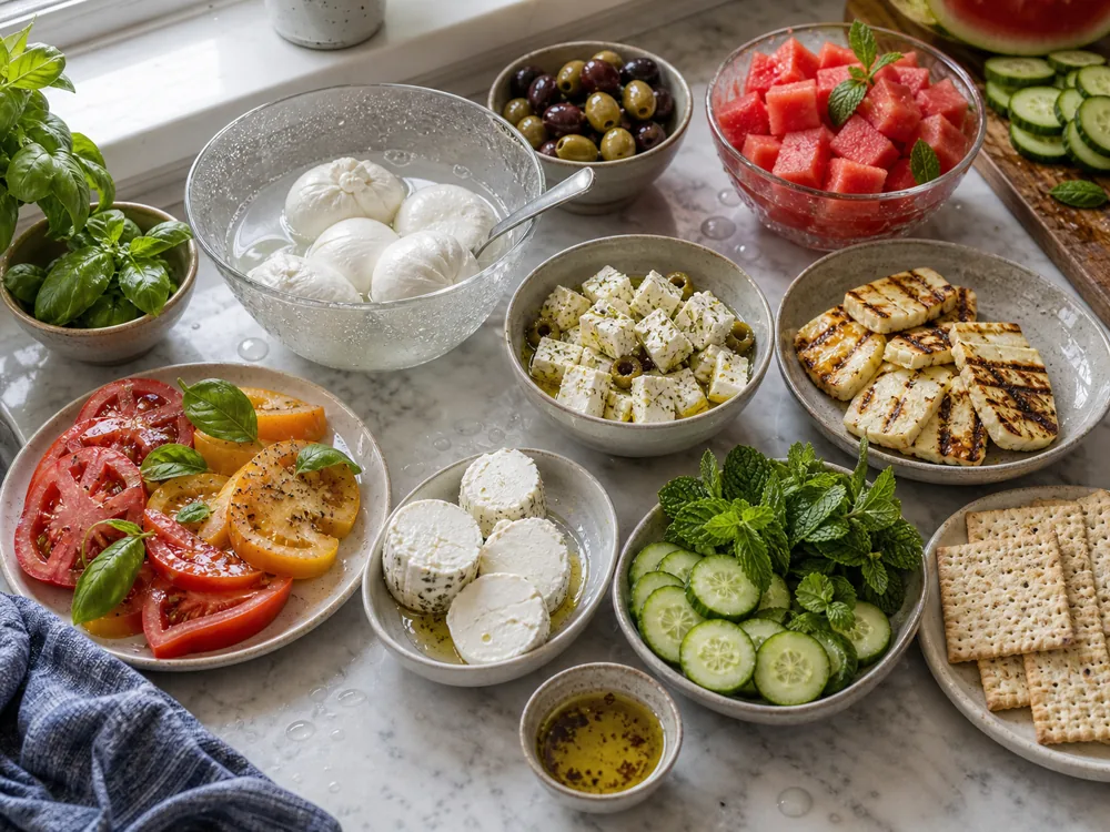 Summer cheese prep with burrata, feta, goat cheese, grilled Halloumi, tomatoes, watermelon, cucumber, herbs, olives, and crackers | KnowTheCheese