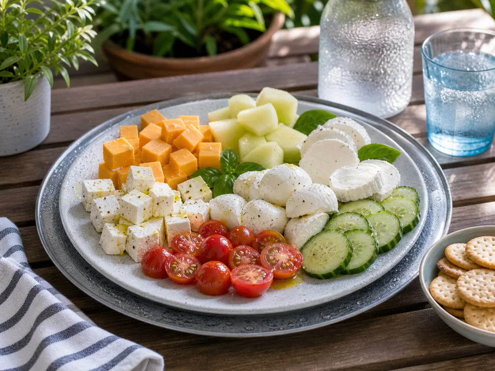 Summer cheese board with mozzarella, feta, goat cheese, cheddar, cucumber, melon, cherry tomatoes, crackers, and a chilled serving plate.
