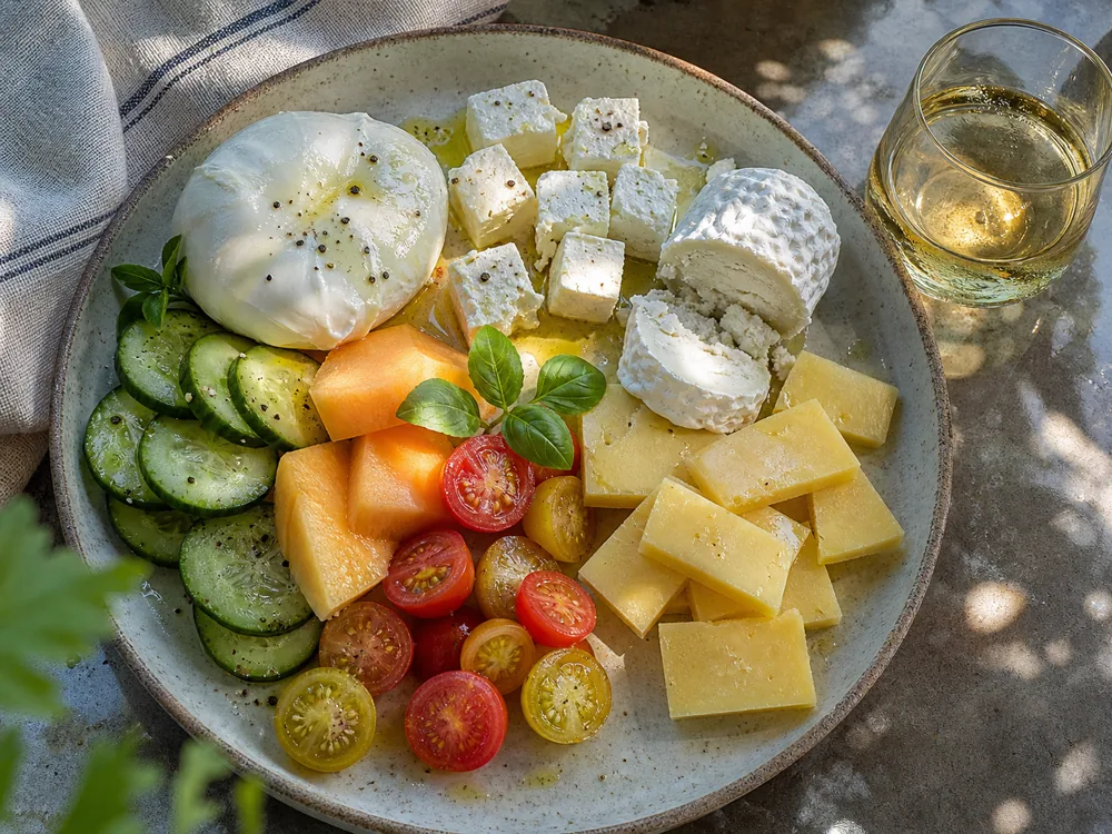 Fresh summer cheeses with cucumber, melon, tomatoes, and chilled white wine - summer cheese pairing | KnowTheCheese