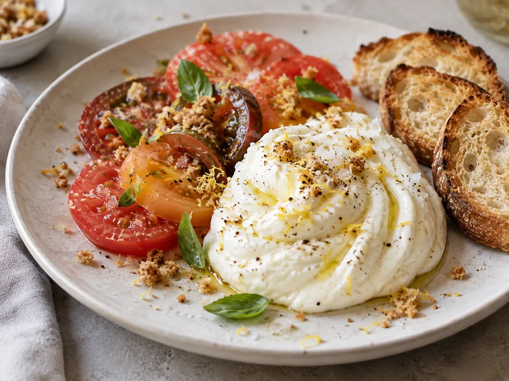 Whipped burrata with sliced heirloom tomatoes, basil leaves, crunchy crumbs, and toasted bread on a white plate - burrata | KnowTheCheese