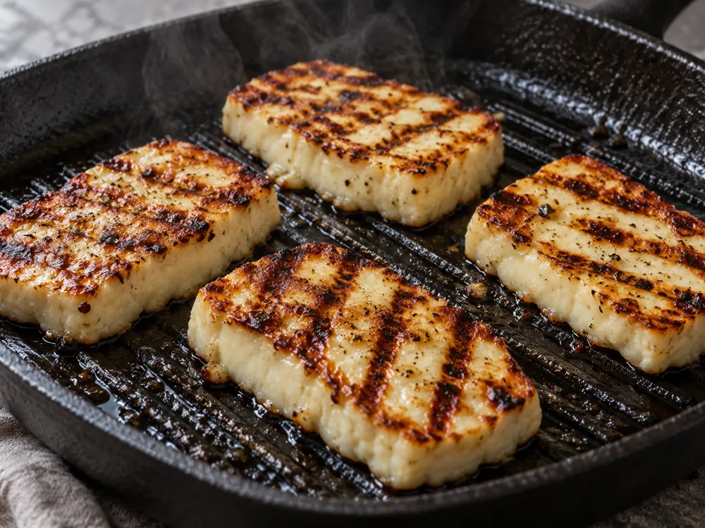 Halloumi slices browned with grill marks on a grill pan - halloumi | KnowTheCheese
