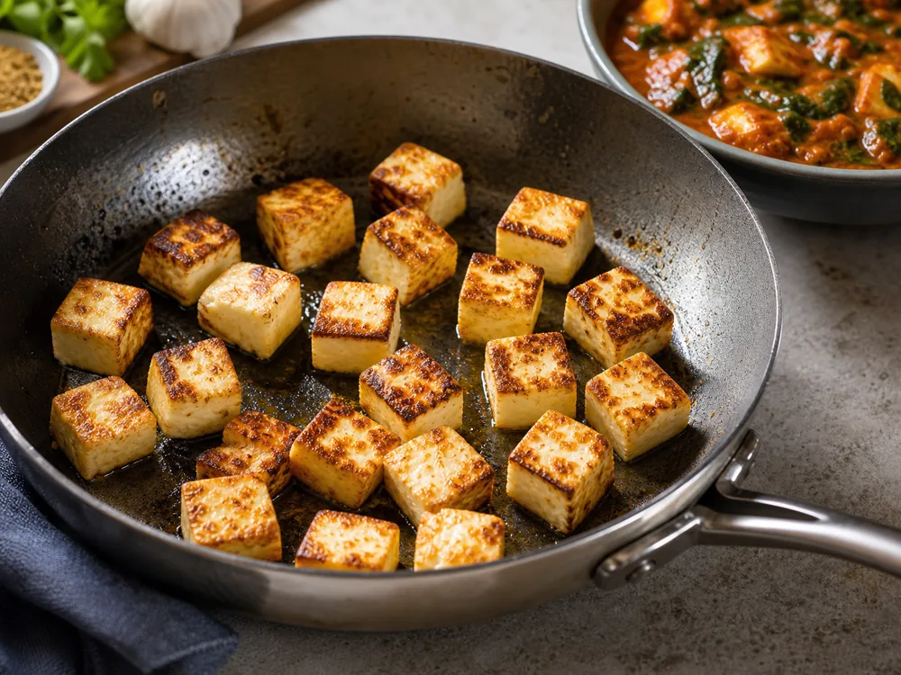 Paneer cubes browning in a pan before curry - Paneer Cheese | KnowTheCheese