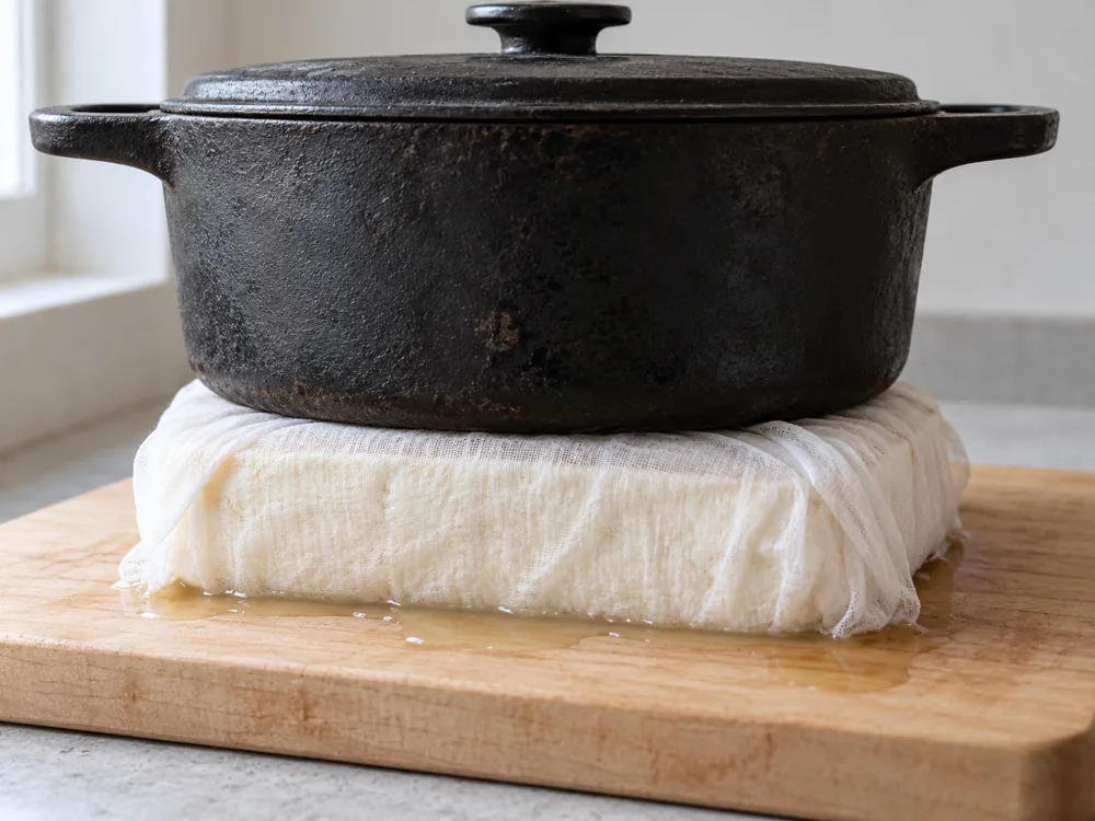 Paneer curds wrapped in muslin cloth and pressed under a heavy pot - Paneer Cheese | KnowTheCheese