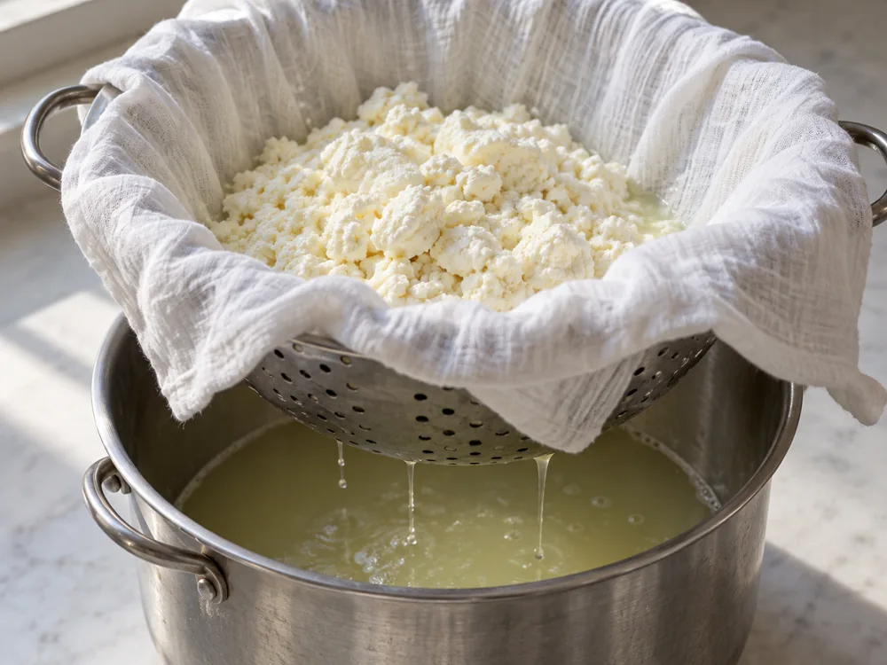 Curdled milk draining in a cloth-lined colander over a pot of whey - Paneer Cheese | KnowTheCheese