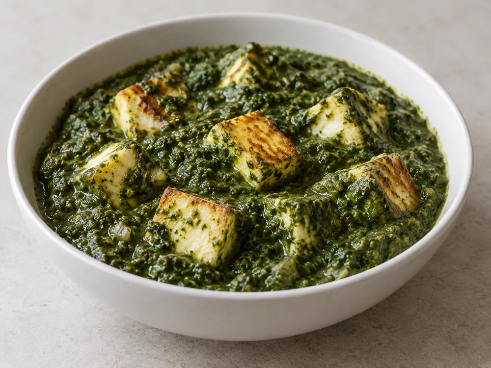 Browned paneer cubes in a spinach sauce in a white bowl - Paneer Cheese | KnowTheCheese