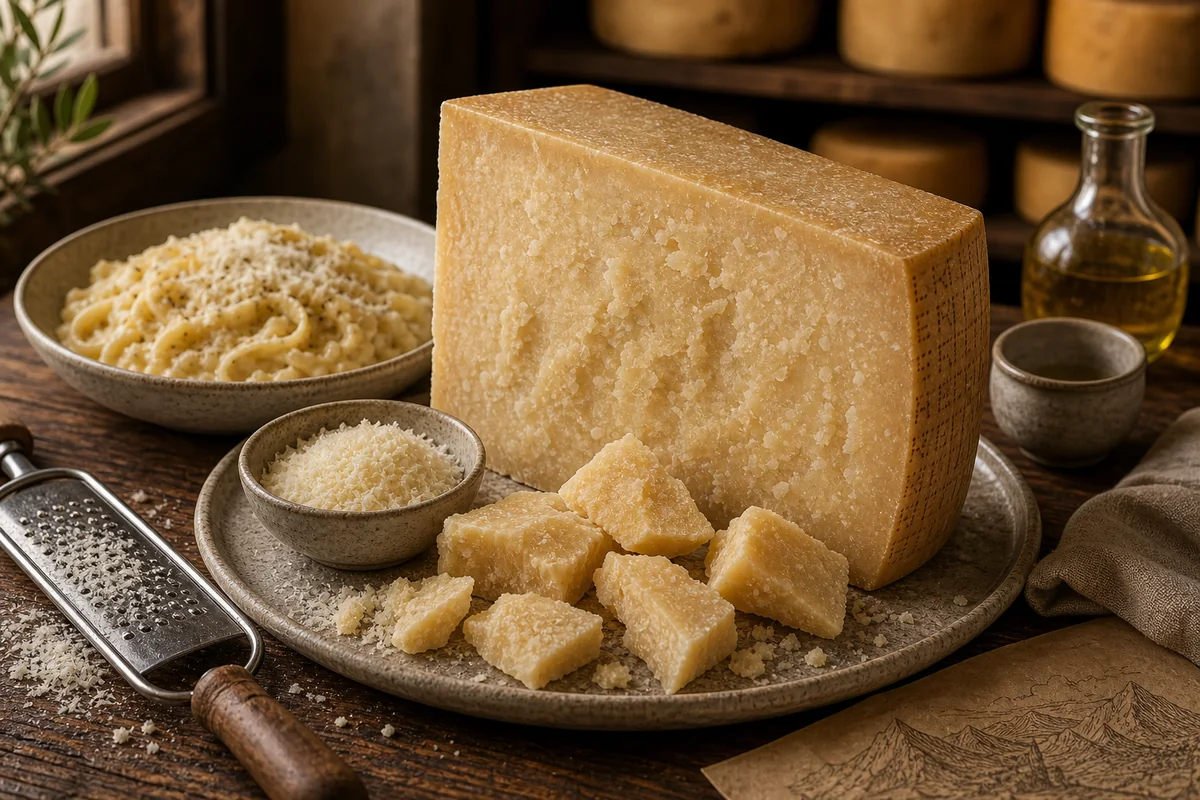 Aged Parmesan-style wedge with crystalline shards, grated cheese, and pasta - Parmesan cheese | KnowTheCheese