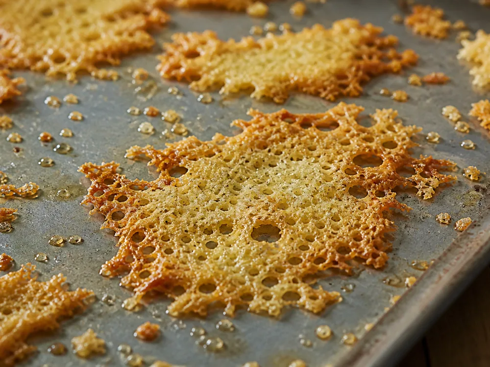 Grated Parmesan toasted into brittle lacy sheets with separated fat beads on a baking tray - Parmesan | KnowTheCheese