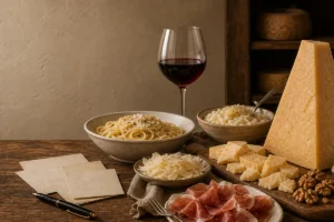 Parmesan pairing board with crystalline Parmesan wedge, shavings, pasta, risotto, balsamic, figs, walnuts, and red wine - Parmesan pairing | KnowTheCheese
