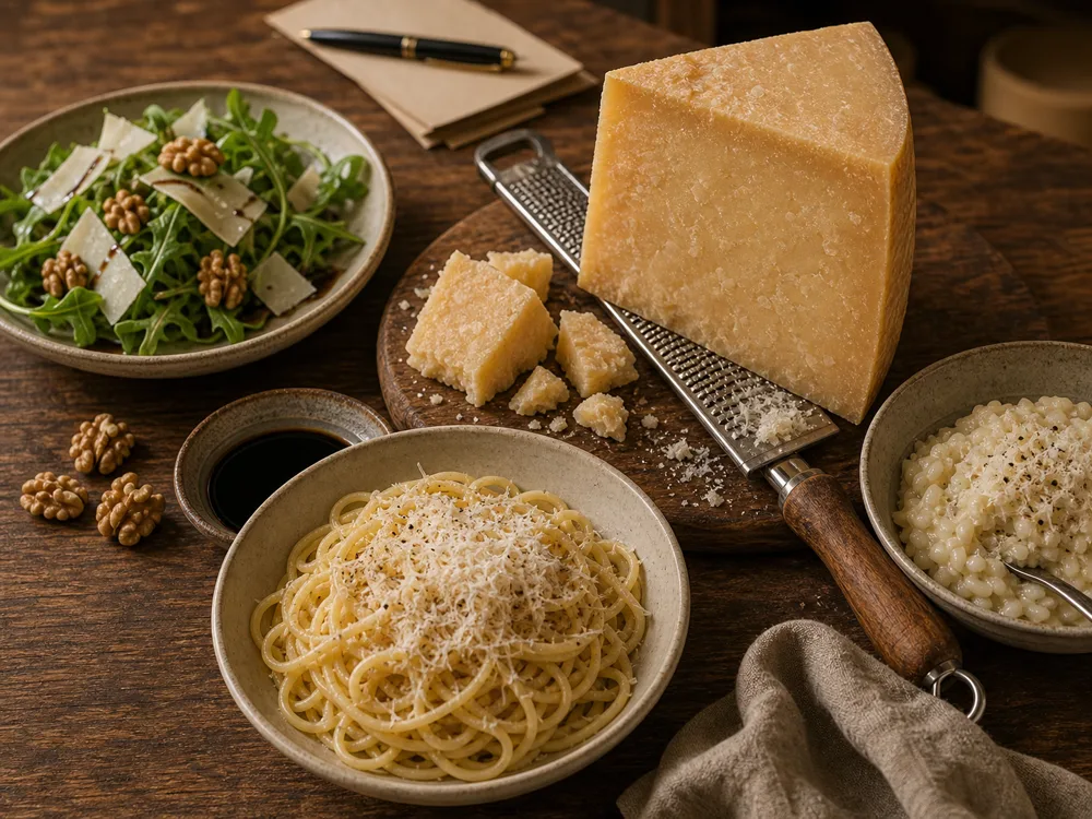 Parmesan finishing setup with wedge, grater, pasta, risotto spoon, salad, walnut, and balsamic - Parmesan pairing | KnowTheCheese