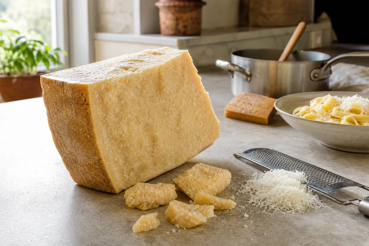 Aged Parmesan wedge with crystalline shards, fresh gratings, pasta, and a saved rind - Parmesan cheese | KnowTheCheese