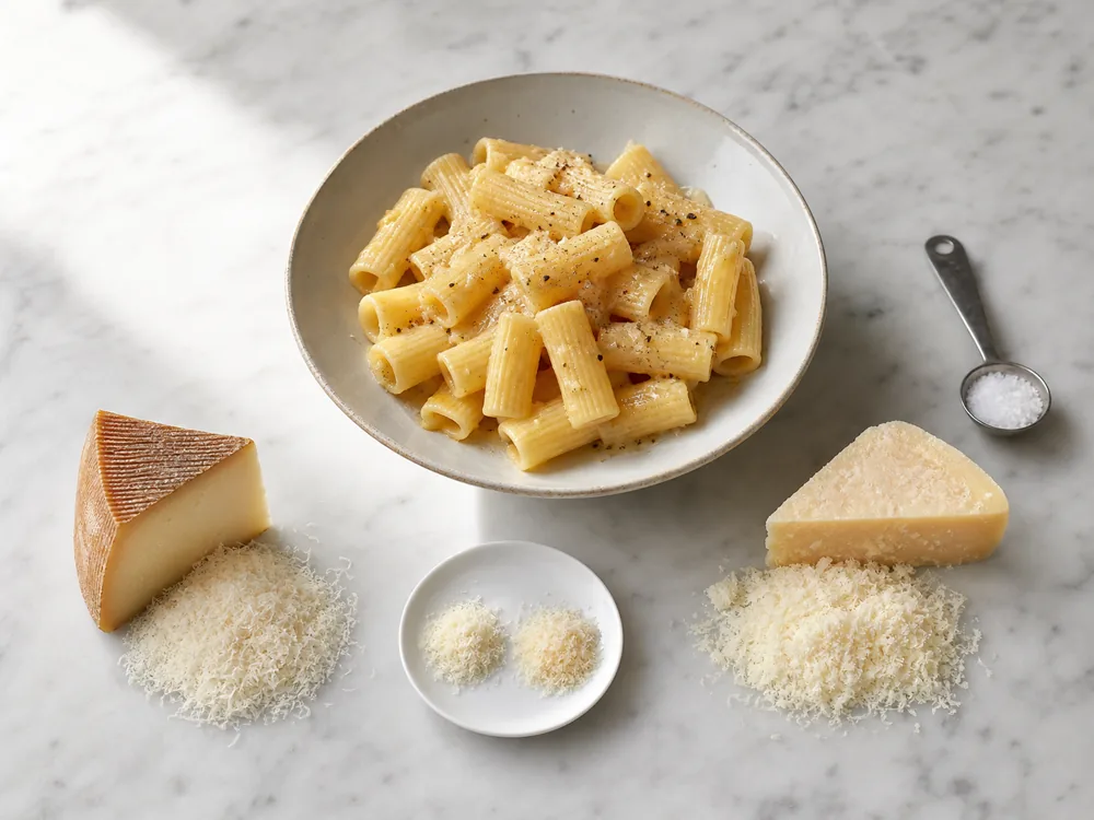 Pecorino and Grana portions beside Roman pasta and measured salt - Parmesan substitutes | KnowTheCheese