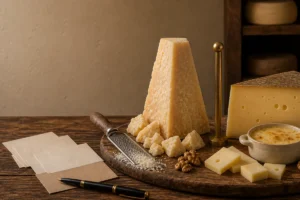 Parmesan versus Gruyere comparison board with crystalline Parmesan, smooth Gruyere, grater, melting dish, and divider marker - Parmesan vs Gruyere | KnowTheCheese
