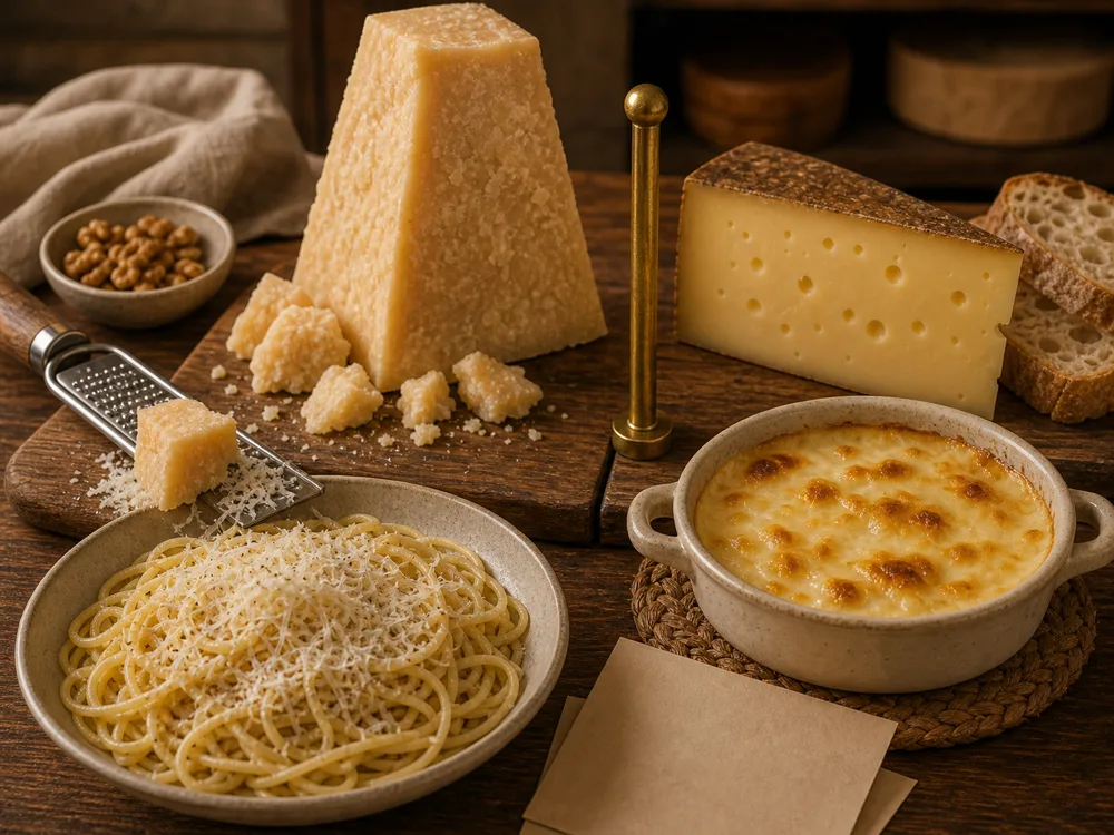 Parmesan grated over pasta beside Gruyere melted in a gratin dish - Parmesan vs Gruyere | KnowTheCheese