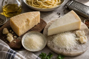 Parmesan and pecorino wedges with grated cheese and pasta.